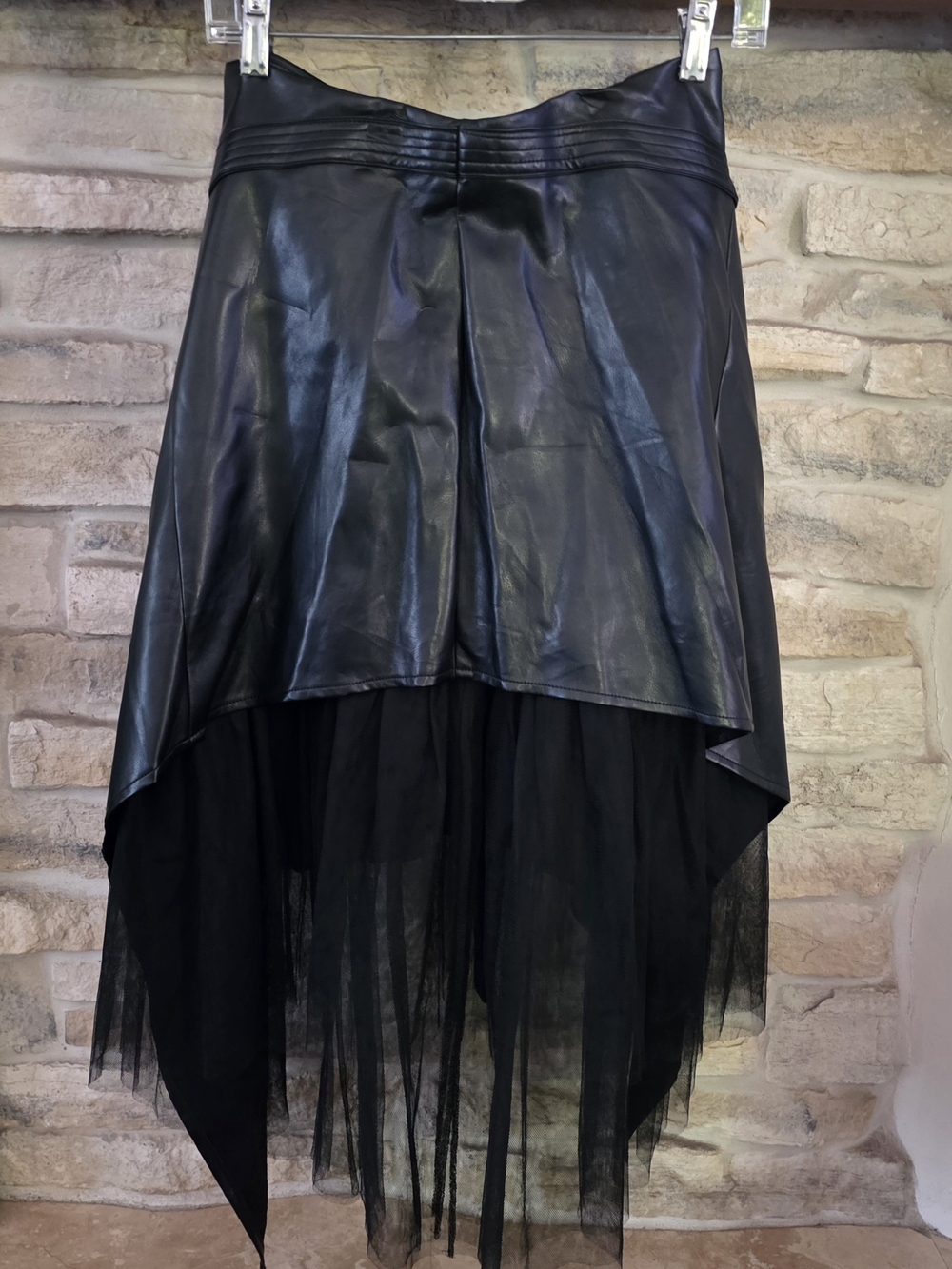 Black Faux Leather Asymmetrical High-Low Skirt with Tulle